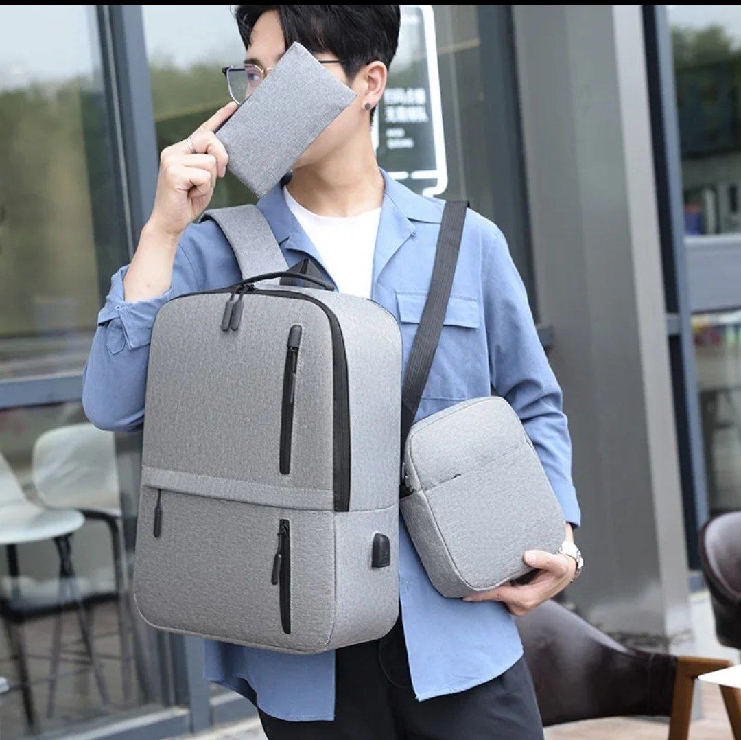 Men's Business Bag Set USB High Capacity Laptop Backpack Double Shoulder Bag USB ثلاث حقائب مع منفذ