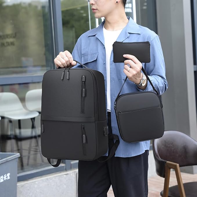 Men's Business Bag Set USB High Capacity Laptop Backpack Double Shoulder Bag USB ثلاث حقائب مع منفذ
